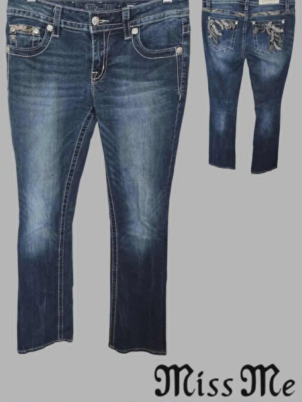 Miss Me Signature Slim Boocut Beaded Embroided Feather Jeans Womens 28 x 33.5